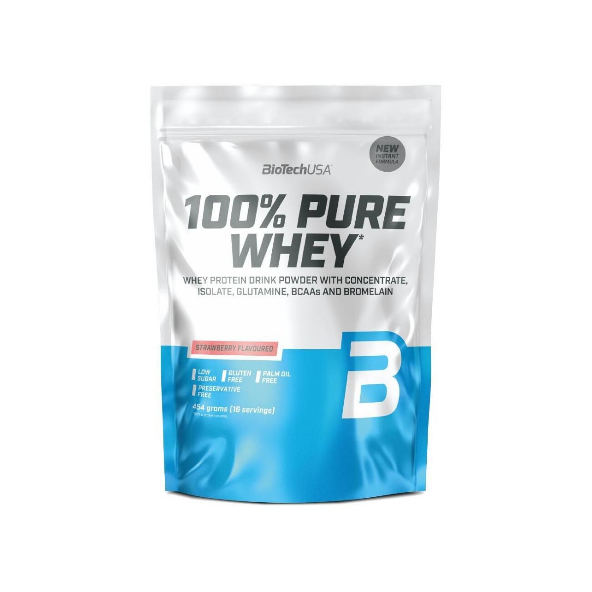 Pudra proteica 100% Pure Whey cu aroma de capsuni, 454g, BioTechUSA