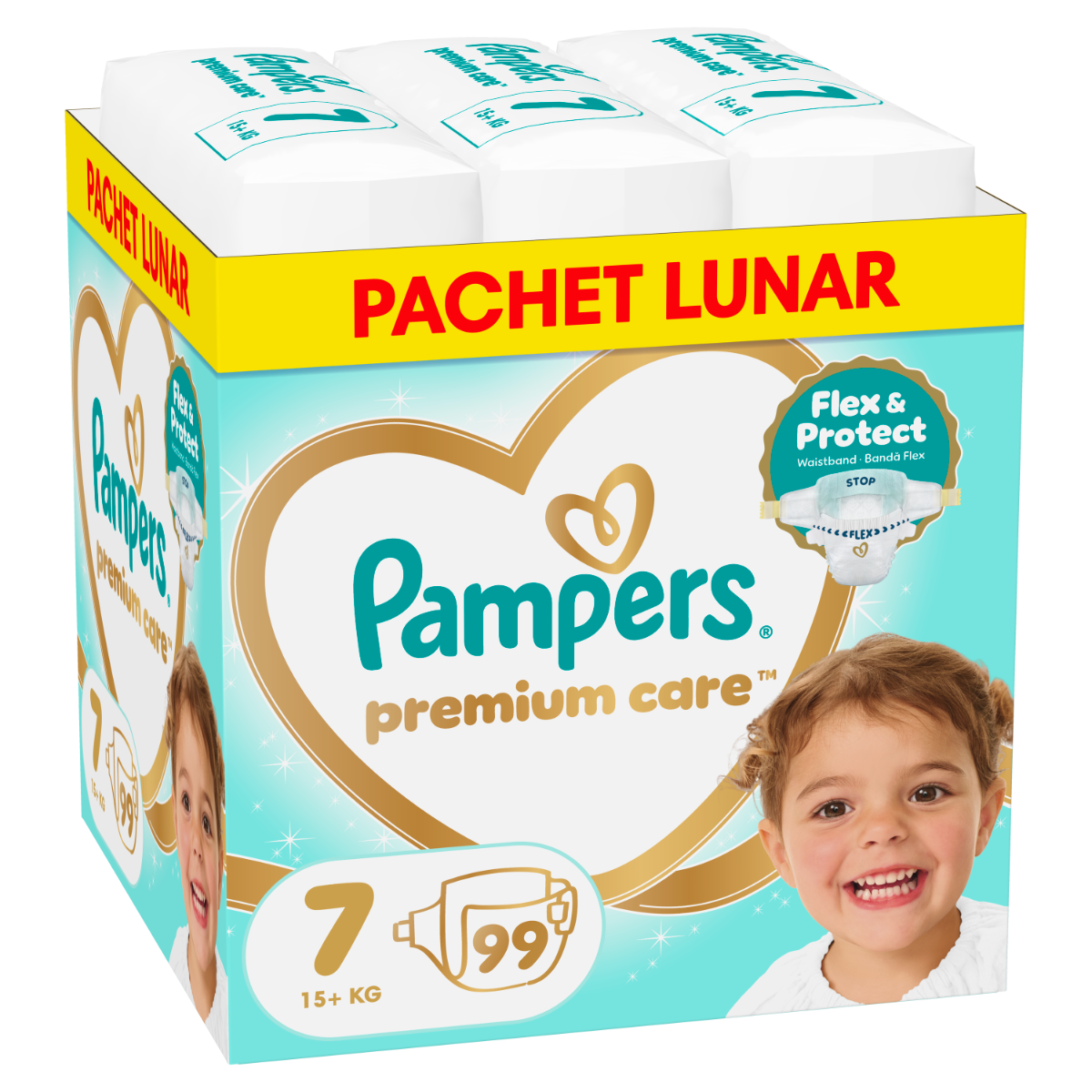 Scutece Premium Care Marimea 7 pentru 15+ kg, 99 bucati, Pampers