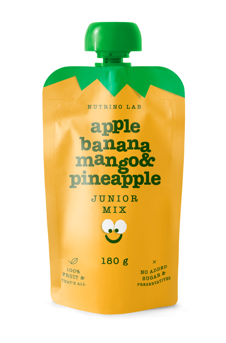 Piure pasteurizat din fructe cu mere banane mango si ananas Junior Mix, 180g, Nutrino Lab
