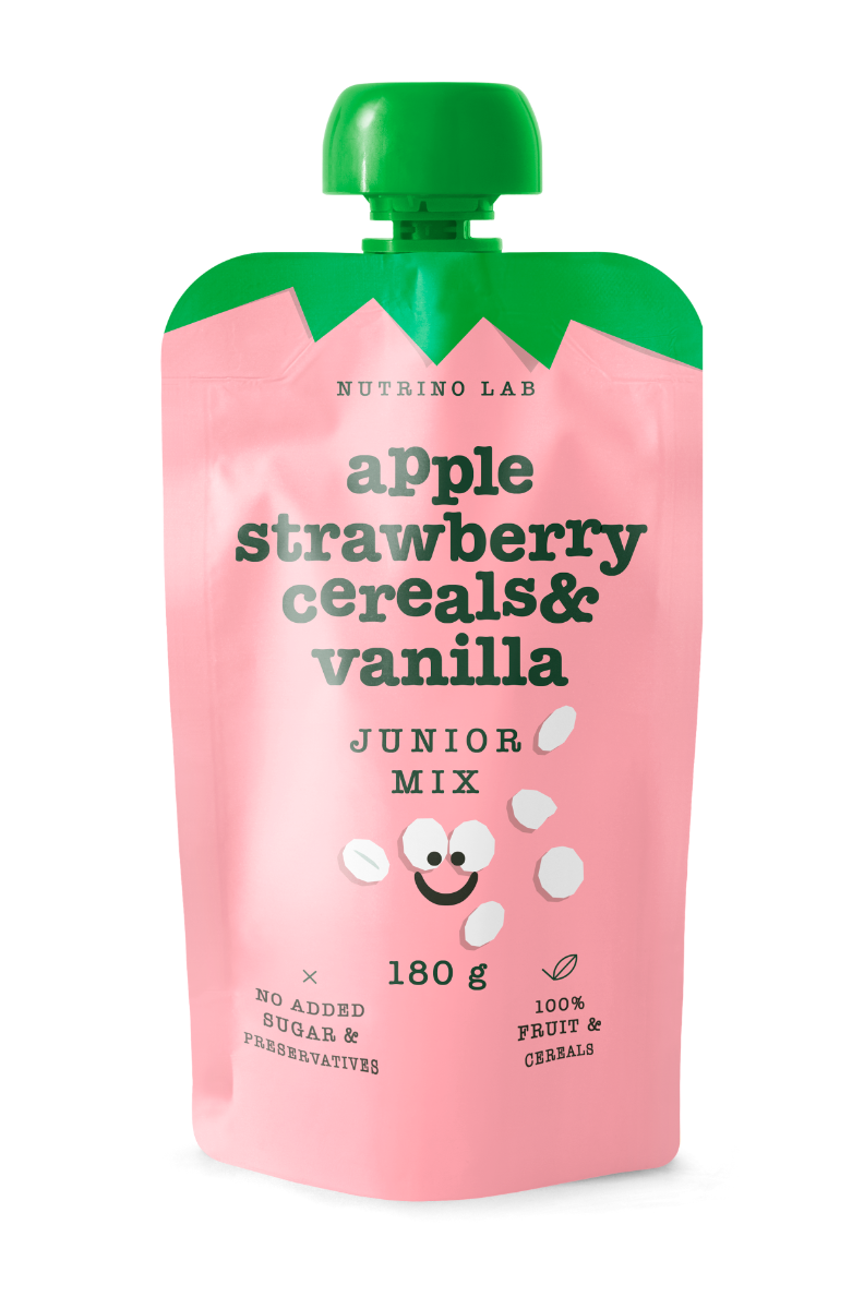 Piure pasteurizat din fructe cu mere capsuni si adaos de cereale vanilie si vitamina C Junior Mix, 180g, Nutrino Lab