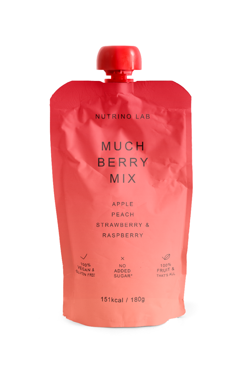 Piure pasteurizat din fructe cu mere piersici capsuni si zmeura, 180g, Nutrino Lab