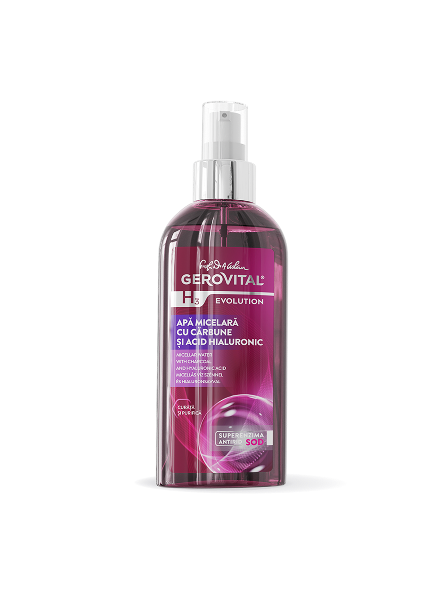 Apă Micelară Cu Cărbune și Acid Hialuronic Curățare, Detoxifiere și Hidratare, Gerovital H3 Evolution, 150 Ml