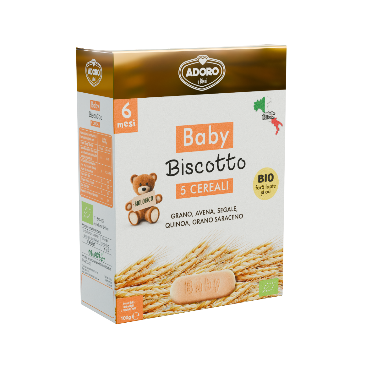Biscuiti pentru bebelusi Bio 5 Cereale, 100g, Adoro Bimbi
