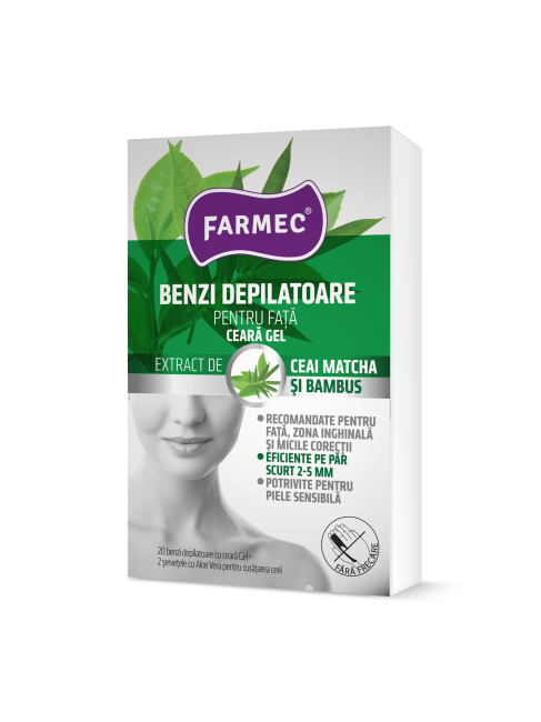 Benzi depilatoare pentru fata cu ceara gel, 20 bucati + 2 servetele, Farmec