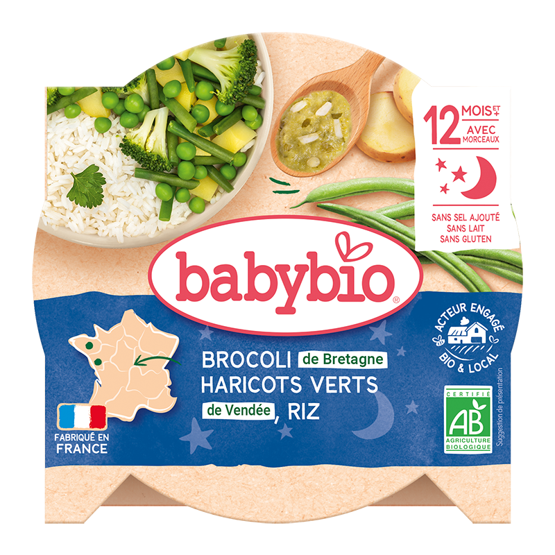 Meniu brocoli, fasole verde si orez Bio, 230g, BabyBio