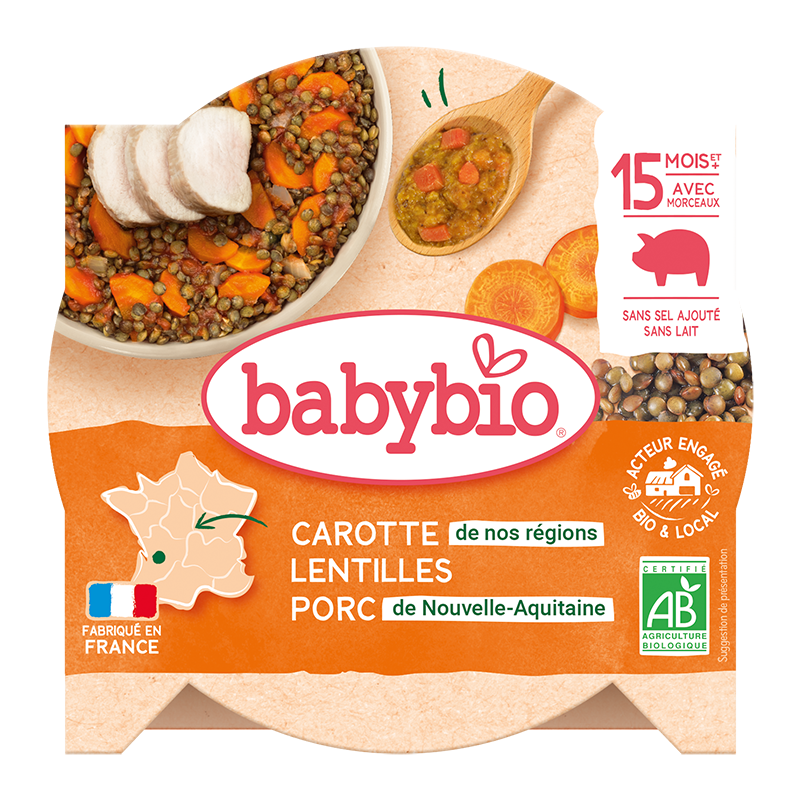 Meniu cu morcovi, linte si carne de porc, 260g, BabyBio