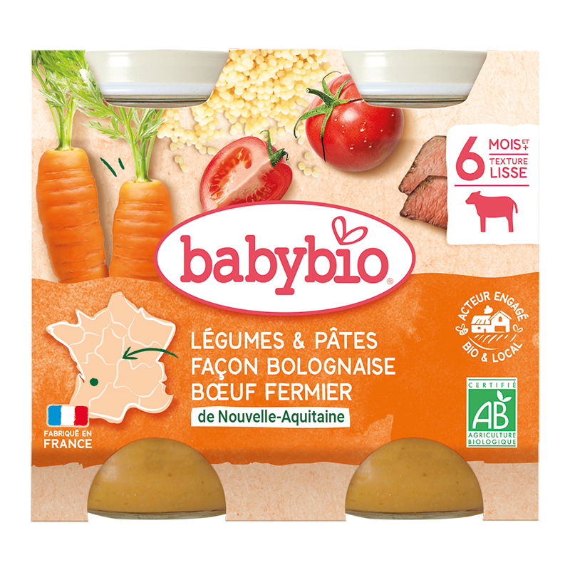 Piure bio de legume si paste in stil Bolognaise +6 luni, 2 x 200g, BabyBio
