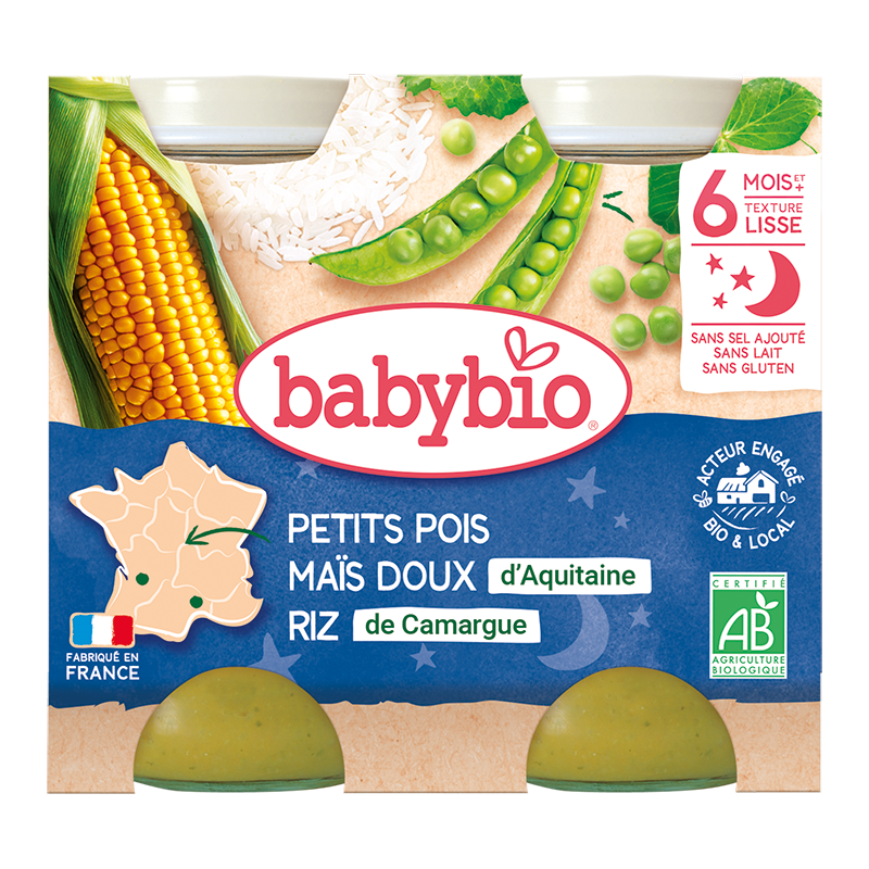 Piure de mazare, porumb dulce si orez Bio, 2 x 200g, BabyBio
