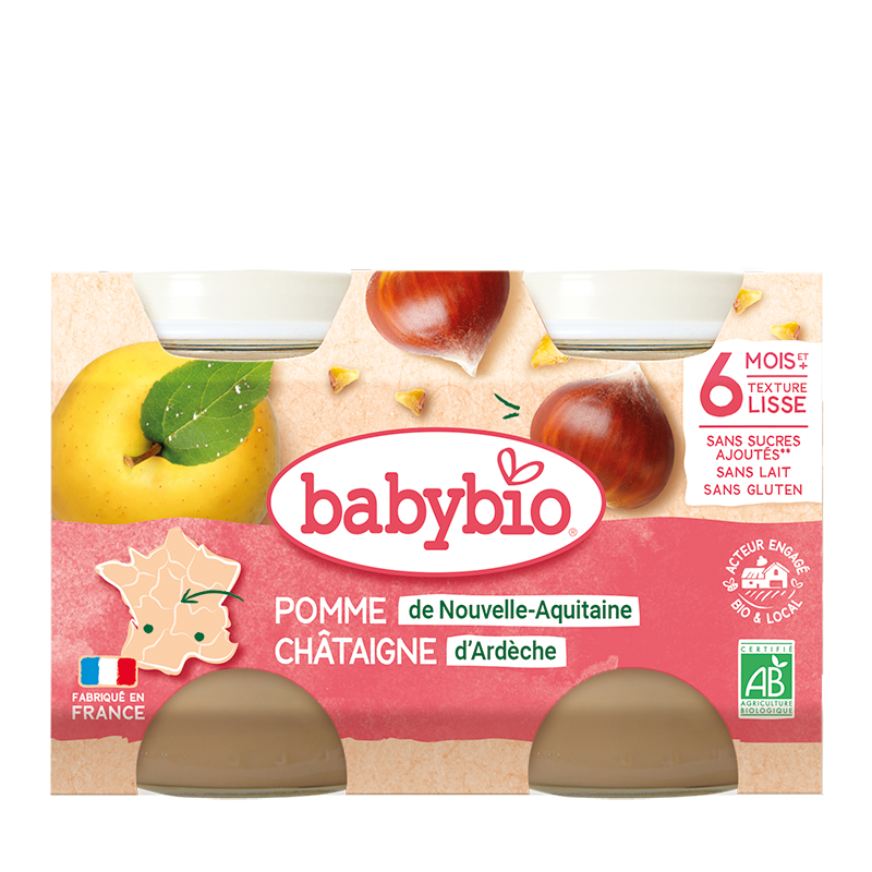 Piure de mere si castane Bio, 2 x 130g, BabyBio