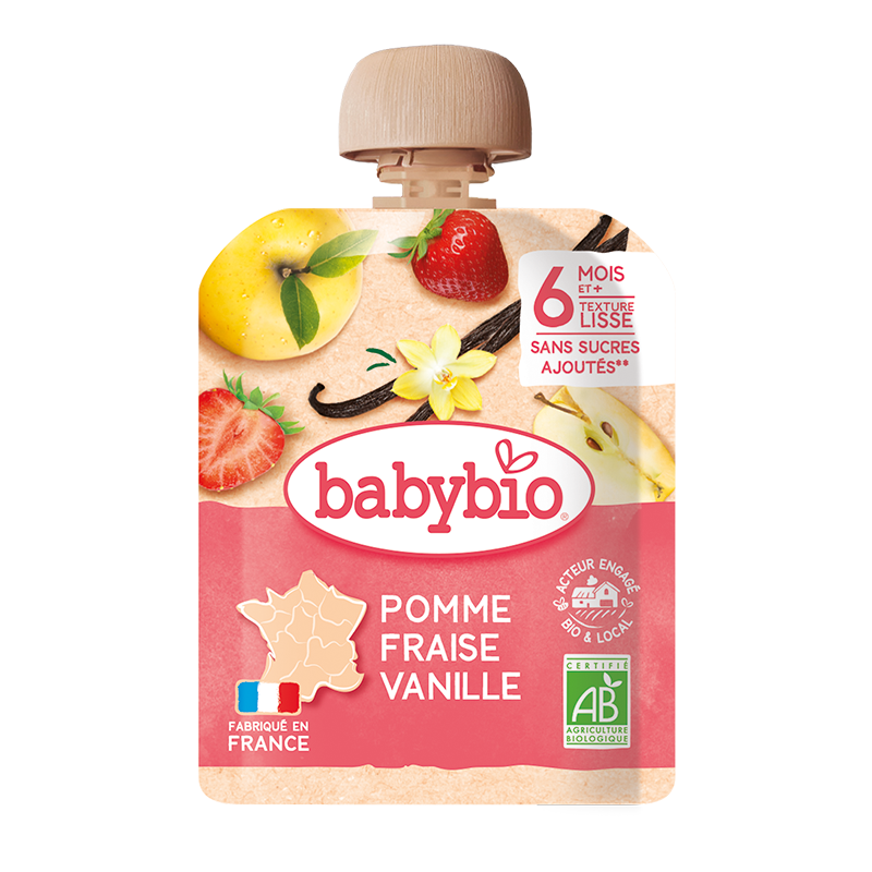 Desert bio din mere, capsuni si vanilie +6 luni, 90g, BabyBio