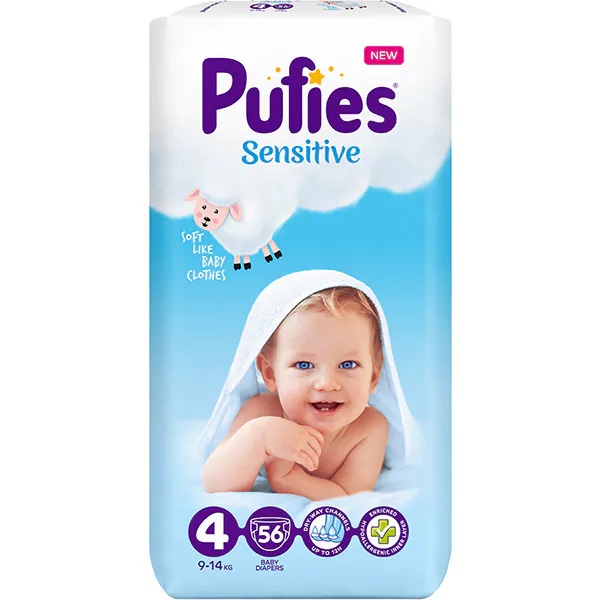 Scutece Sensitive Nr.4 9-15kg, 56 bucati, Pufies