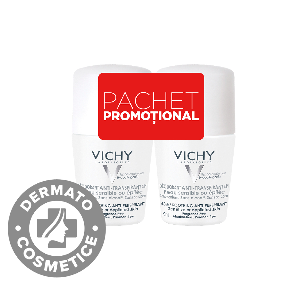 Pachet Deodorant roll-on fara parfum antiperspirant 48h, 2x50ml, Vichy