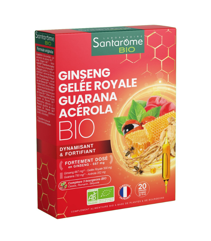 Ginseng Gelee Royale Guarana Acerola Bio, 20 fiole, Santarome
