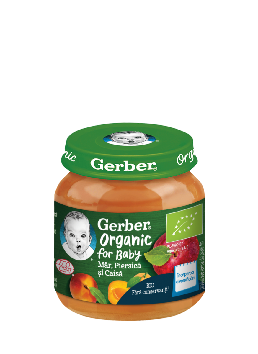 Piure Bio din mar cu piersica si caisa de la 4 luni, 125g, Gerber
