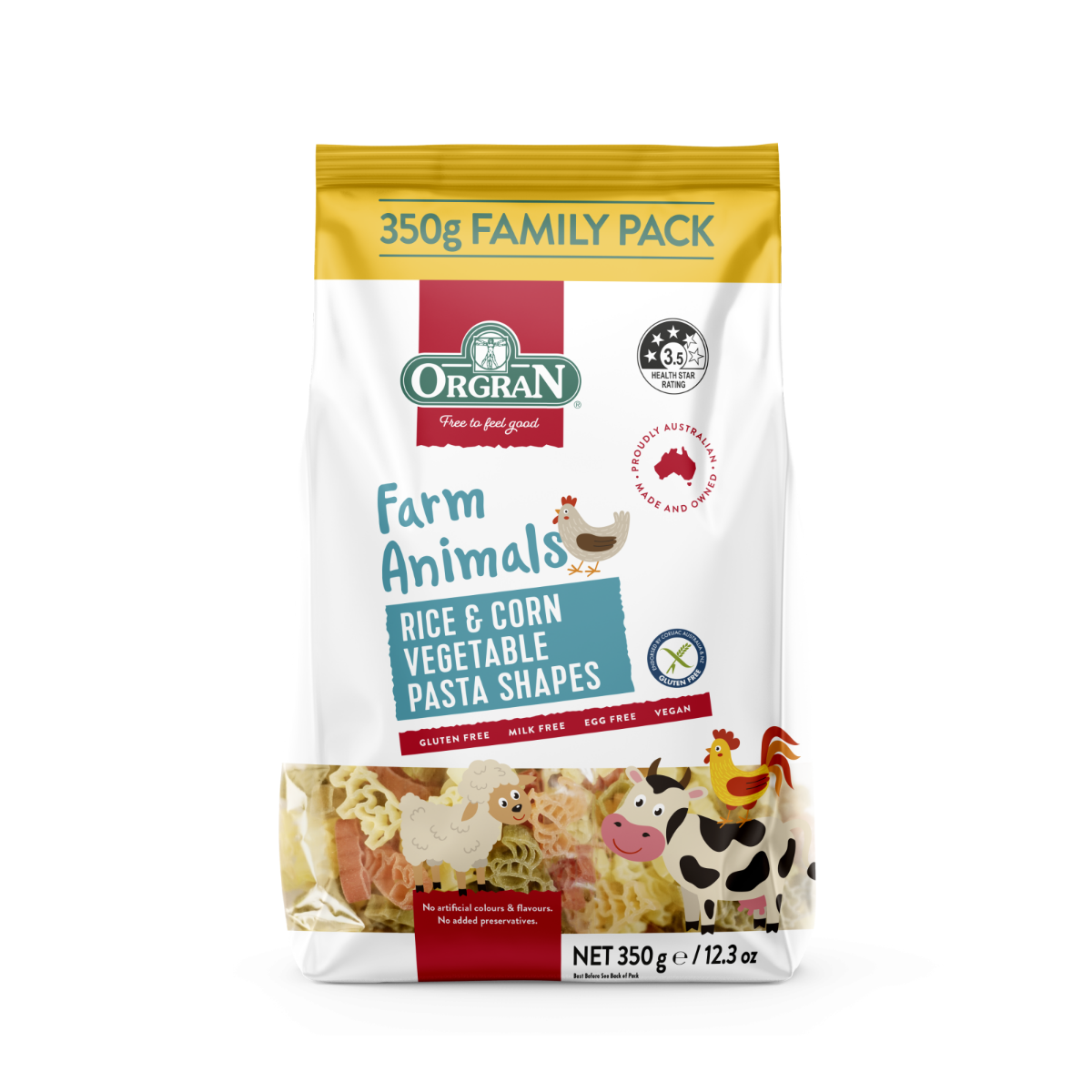 Paste in forma de animale din orez si porumb, 350g, Orgran