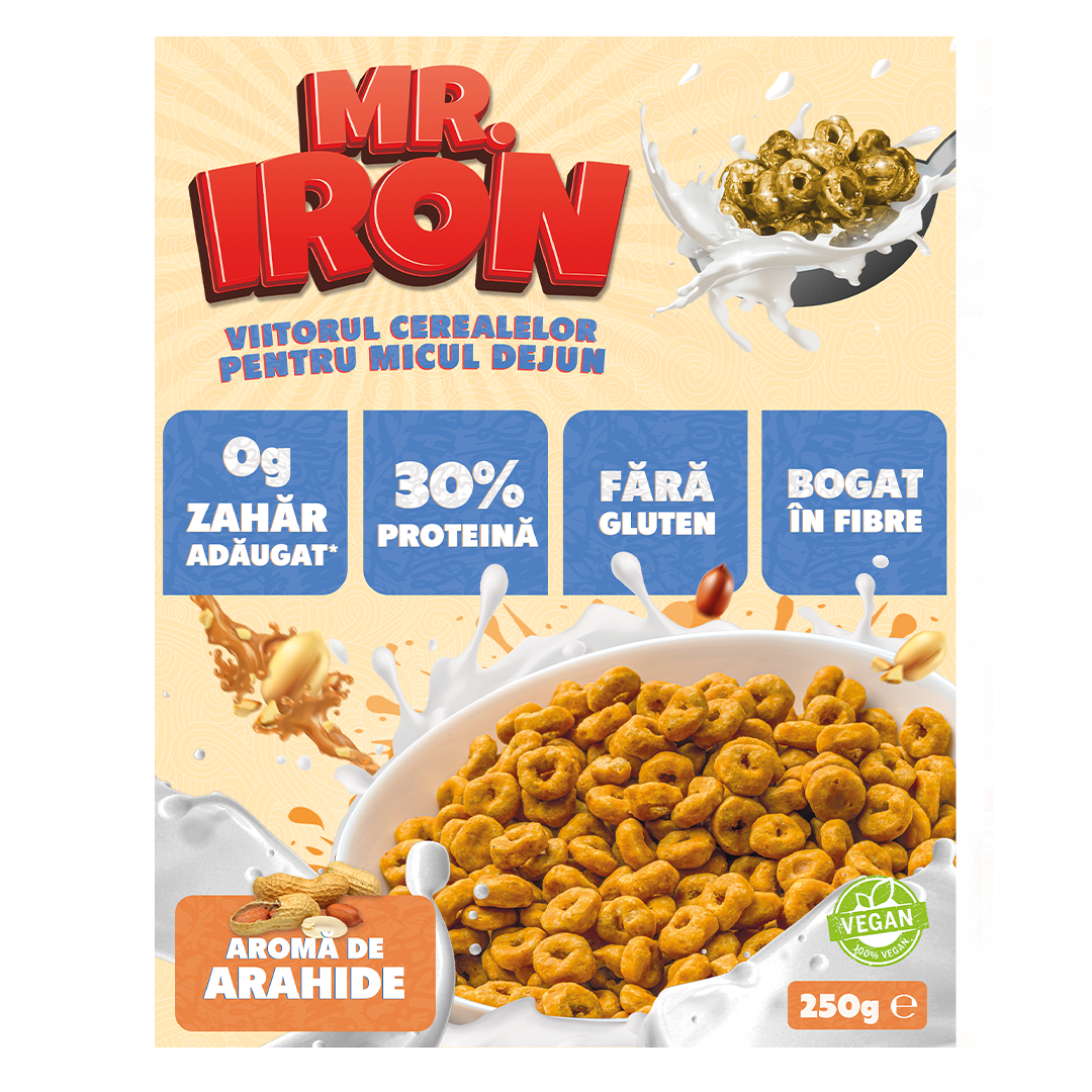 Cereale cu 30% proteina fara zahar low-carb gluten free si vegane Unt de Arahide, 250g, Mr. Iron