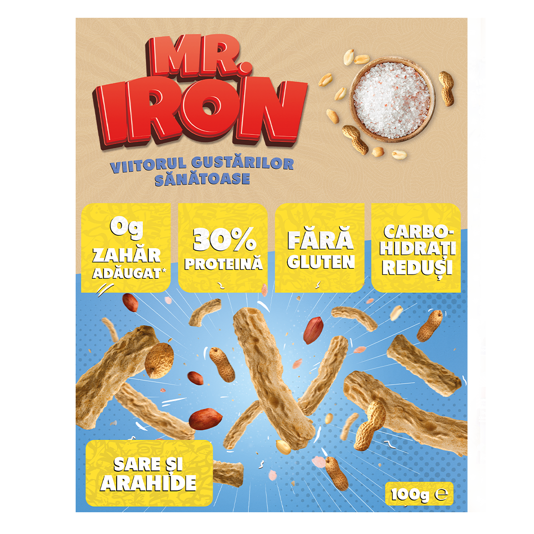 Snack cu 30% proteina fara zahar low-carb gluten free Sare si Arahide Tojos, 100g, Mr. Iron