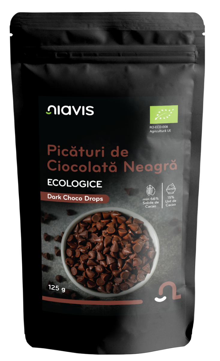 Picaturi de ciocolata neagra ecologice, 125g, Niavis