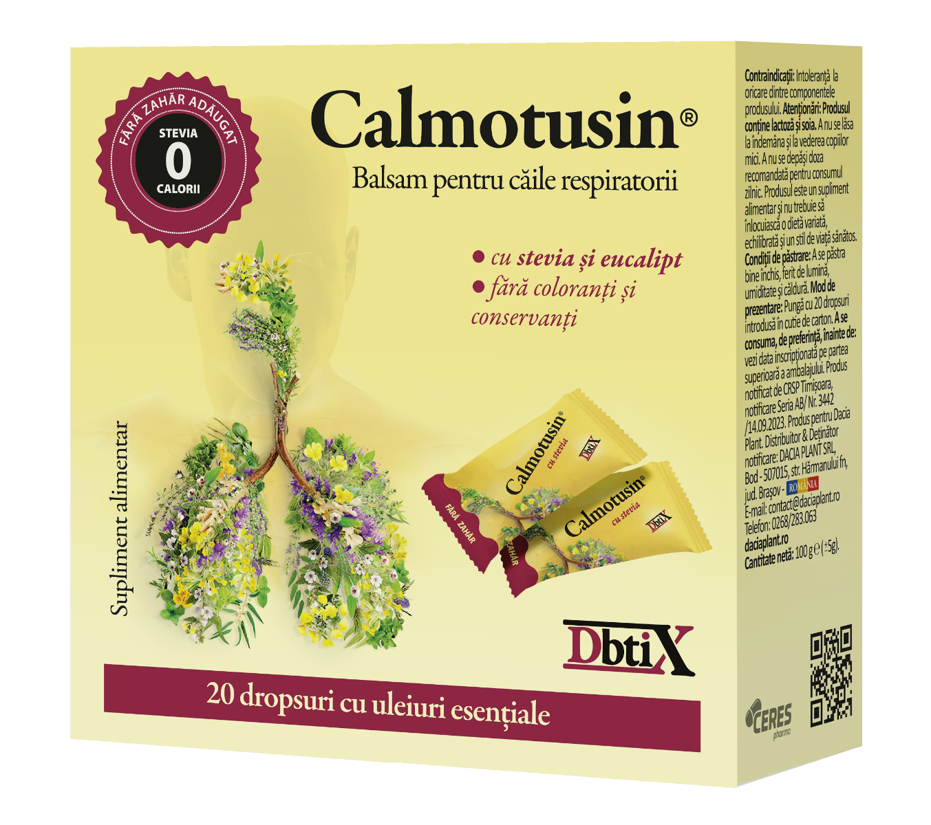 Calmotusin cu stevia Dbtix, 20 dropsuri, Dacia Plant