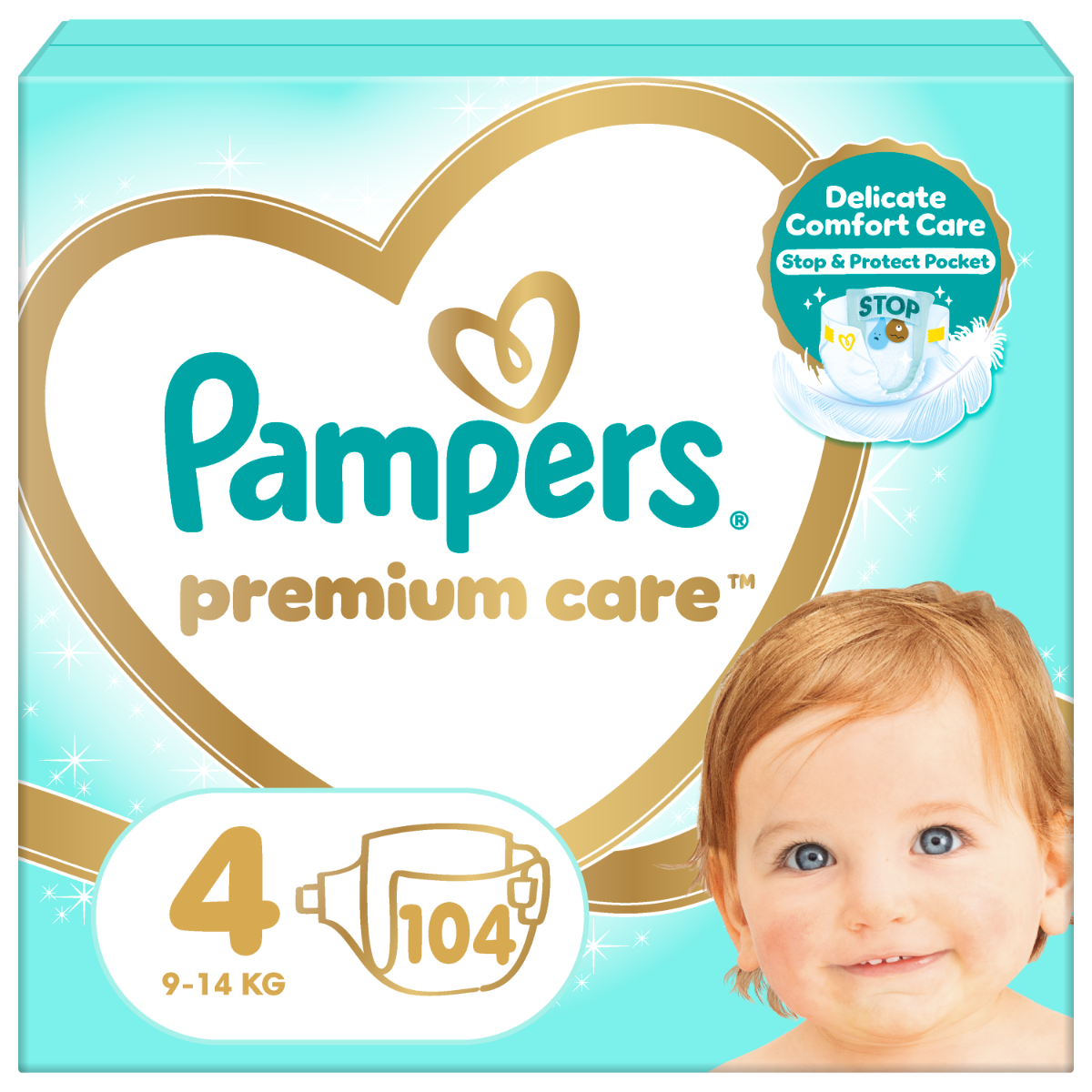 Scutece Premium Care Nr.4 pentru 9-14 kg, 104 bucati, Pampers