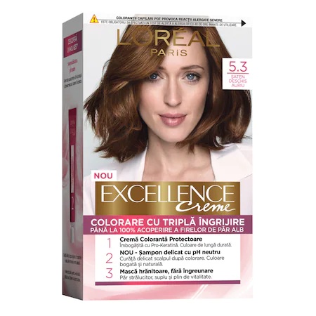 Vopsea de par permanenta Excellence Creme 5.3 Saten Deschis Auriu, 192ml, L'Oreal Paris