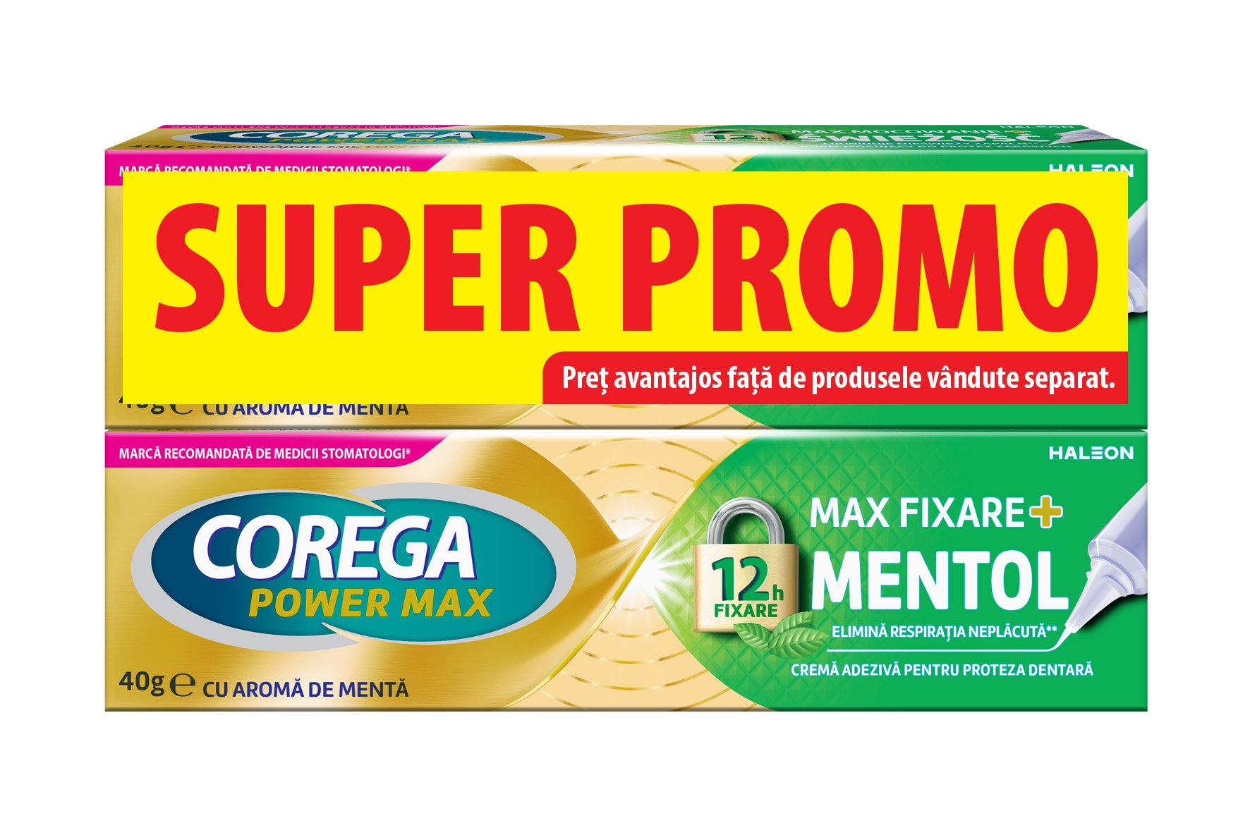 Pachet crema adeziva pentru proteza dentara Power Max Fixare+ Mentol Corega, 2 x 40g, Haleon
