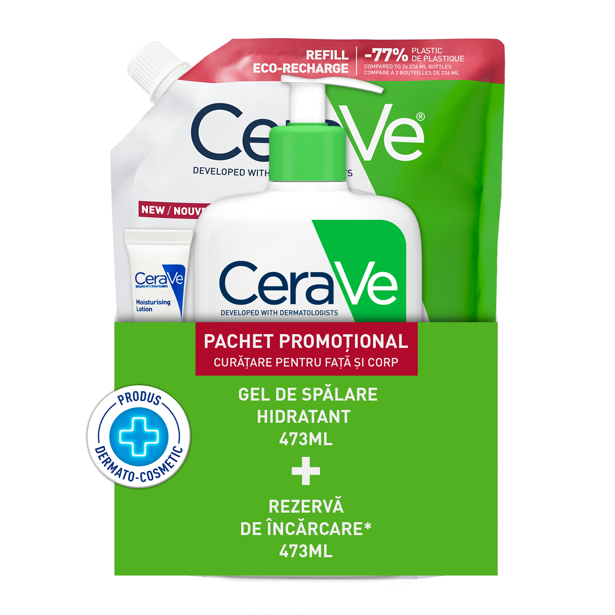 Pachet Gel de spalare hidratant 473ml + Refill Gel de spalare hidratant 473ml + Lotiune hidratanta 5ml, CeraVe