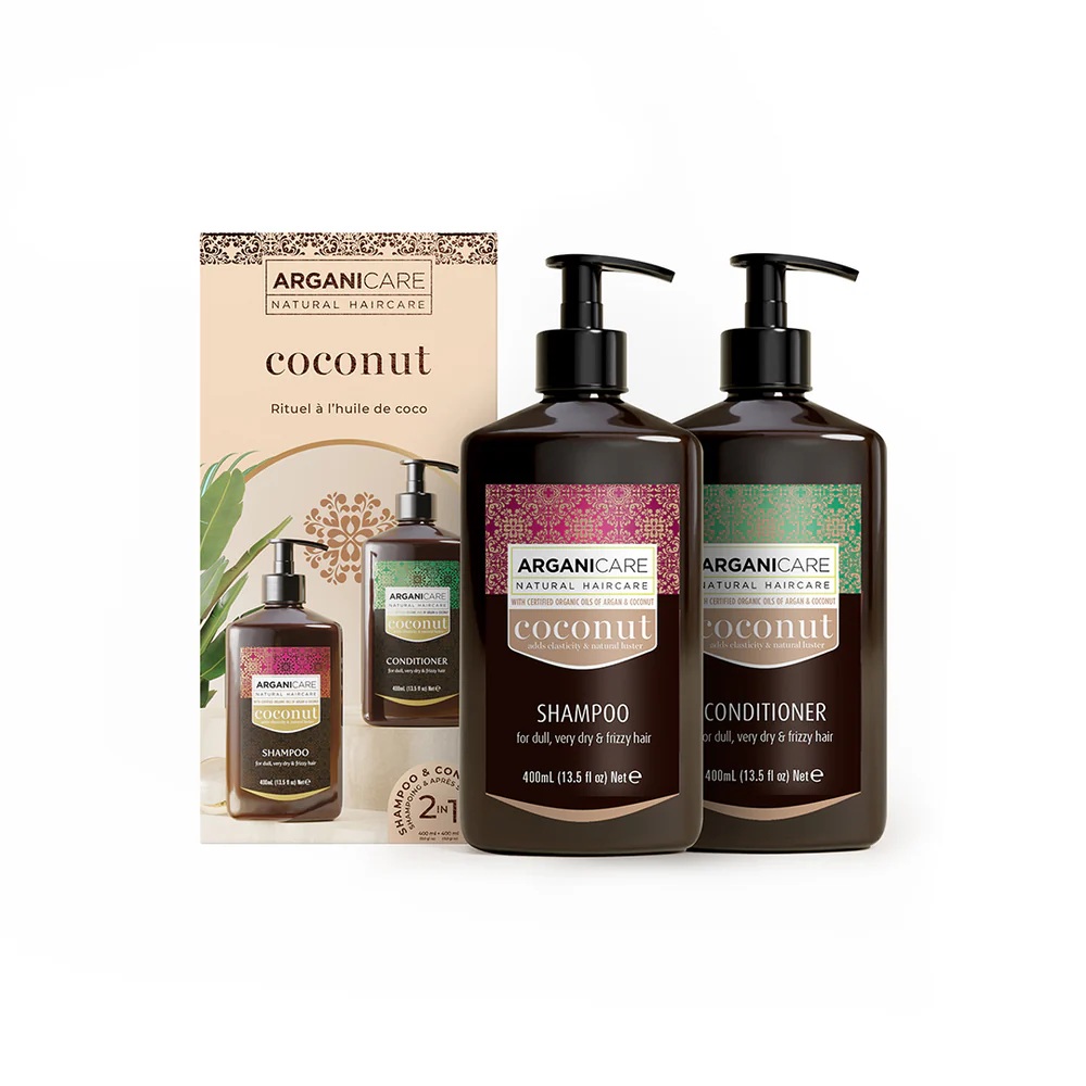 Set Sampon & Balsam cu Ulei de Cocos si Ulei de Argan pentru par tern foarte uscat sau frizzy, 2x400ml, Arganicare