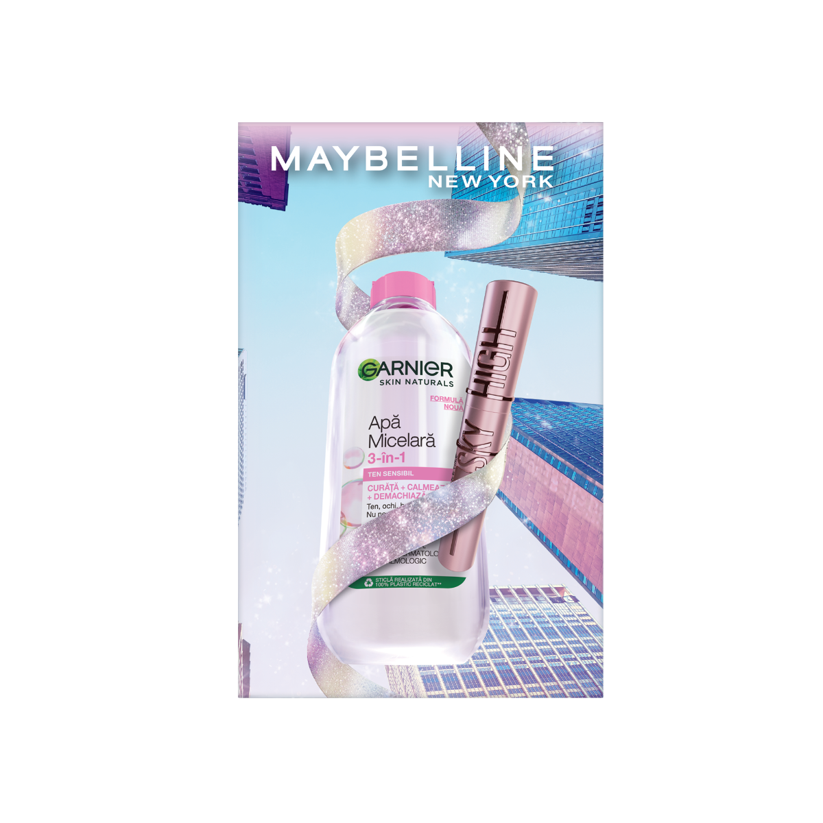 Pachet Apa micelara Skin Naturals 400ml, Garnier + Mascara Lash Sensational Sky High Black, 7.2ml, Maybelline