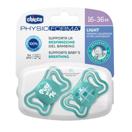 Suzete din silicon pentru copii 16-36 luni PhysioForma Light Glow Bleu, 2 bucati, Chicco