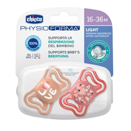 Suzete din silicon pentru copii 16-36 luni PhysioForma Light Glow Roz, 2 bucati, Chicco