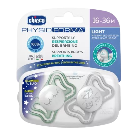 Suzete din silicon pentru copii 16-36 luni PhysioForma Light Glow Unisex, 2 bucati, Chicco