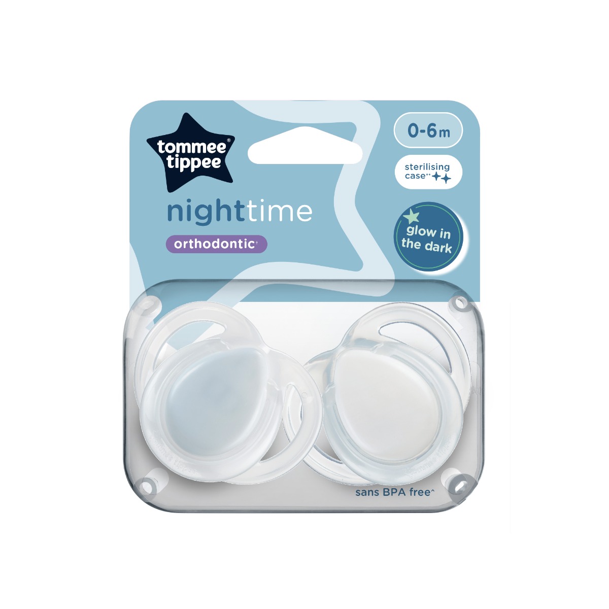 Suzeta ortodontica de noapte care lumineaza in intuneric 0-6 luni Transparent/Albastru, 2 bucati, Tommee Tippee