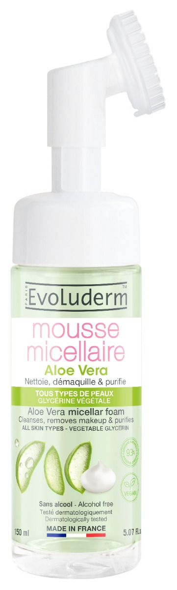 Spuma micelara de curatare cu perie din silicon Aloe Vera, 150ml, Evoluderm