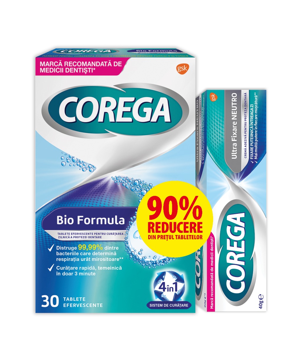 Pachet Adeziv pentru proteza Neutro 40g + Tablete efervescente Corega, 30 tablete, Haleon
