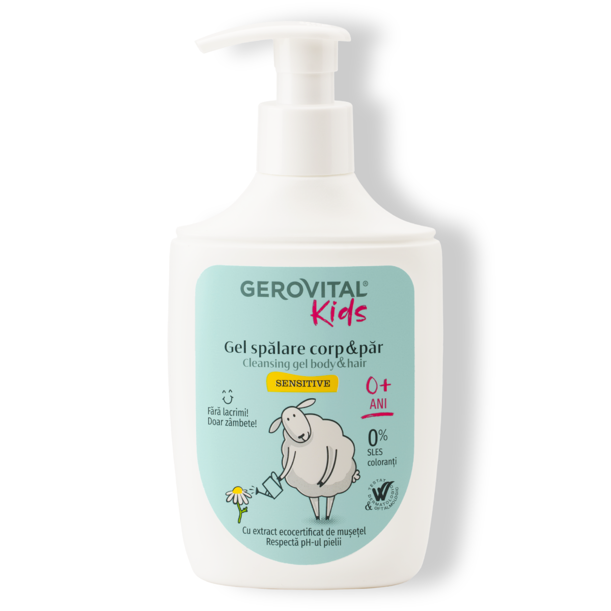 Gel De Duș Pentru Bebeluși Sensitive 2 n 1 Corp și Păr Fără Lacrimi, Hidratare Cu Extract De Mușețel, Glicerină și Panthenol, Gerovital Kids, 300 Ml