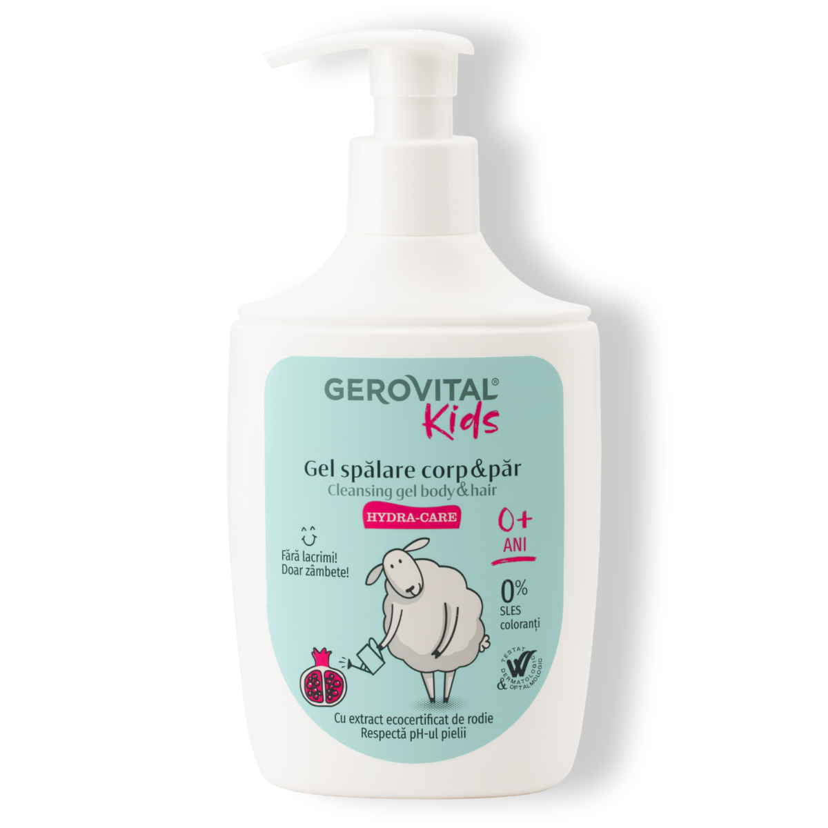 Gel De Duș Pentru Bebeluși Hydra-care 2 n 1 Corp și Păr Fără Lacrimi, Hidratare Cu Extract De Rodie, Glicerină și Panthenol, Gerovital Kids, 300 Ml