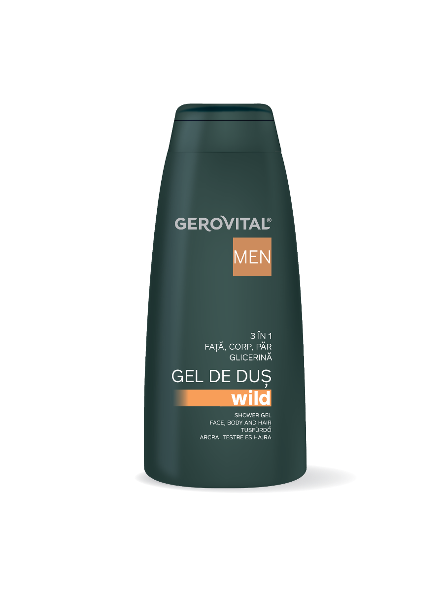 Gel De Duș Wild 3 n 1 Cu Glicerină și Mentol Hidratare și ngrijire Pentru Față, Corp și Păr, Efect Răcoritor, Gerovital Men, 400 Ml/ 100 Ml